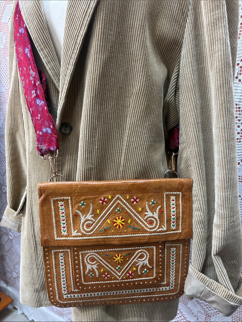 Vintage Embroidered Leather Crossbody Bag – Upcycled Tie Strap
